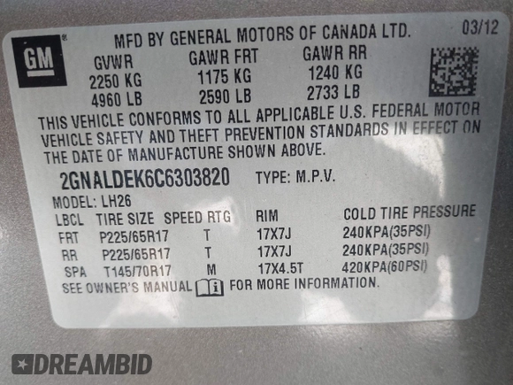 2012 Chevrolet Equinox LT w/1LT with VIN 2GNALDEK6C6303820, listed as a IAAI auction lot 42063432 with 1 mi miles. Bid and sale history available at carsss.com. Image 9.