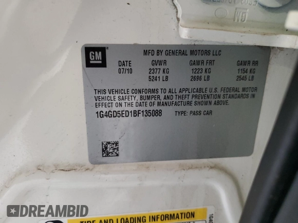 2011 Buick LaCrosse CXL with VIN 1G4GD5ED1BF135088, listed as a Copart auction lot 59349145 with 142,805 mi miles and Salvage title. Bid and sale history available at DreamBid. Image 12.