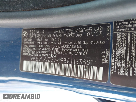 2003 BMW 3 Series 325i with VIN WBAAZ33493PH33881, listed as a IAAI auction lot 41866926 with 183,951 mi miles. Bid and sale history available at carsss.com. Image 9.