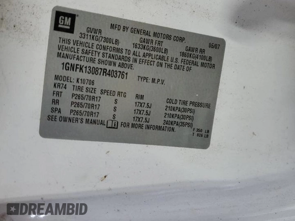 2007 Chevrolet Tahoe LTZ with VIN 1GNFK13087R403761, listed as a Copart auction lot 57714445 with 134,994 mi miles and Clean title. Bid and sale history available at DreamBid. Image 13.