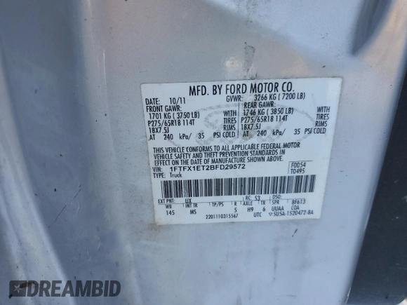 2011 Ford F-150 XL with VIN 1FTFX1ET2BFD29572, listed as a Copart auction lot 87320264 with 232,370 mi miles and Salvage Title. Bid and sale history available at carsss.com. Image 12.