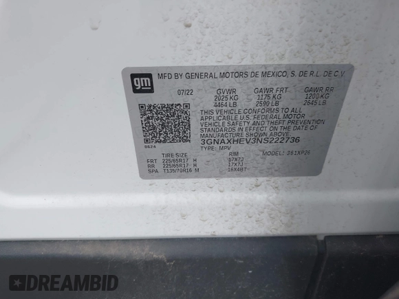 2022 Chevrolet Equinox LS z VIN 3GNAXHEV3NS222736, wystawiony jako IAAI lot #42140550 z przebiegiem 24 606 mil mil oraz . Historia ofert i sprzedaży dostępna na DreamBid. Obrazek 9.