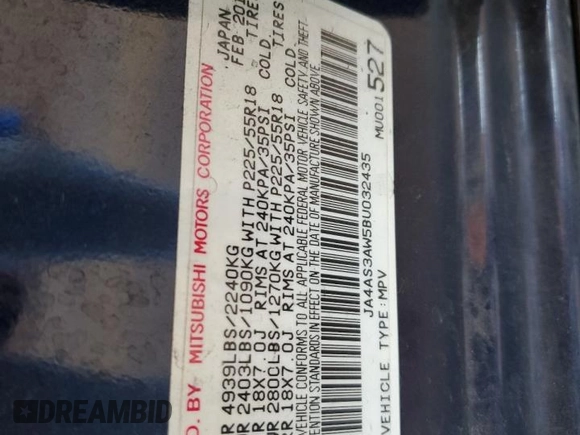 2011 Mitsubishi Outlander SE with VIN JA4AS3AW5BU032435, listed as a Copart auction lot 57163715 with 188,551 mi miles and Clean title. Bid and sale history available at DreamBid. Image 12.