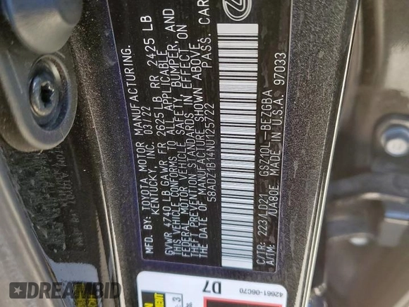2022 Lexus ES 350 z VIN 58ADZ1B14NU125722, wystawiony jako Copart lot #51928825 z przebiegiem 28 230 mil mil oraz Szkody całkowita. Historia ofert i sprzedaży dostępna na DreamBid. Obrazek 13.
