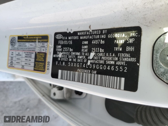2016 Kia Optima LX with VIN 5XXGT4L39GG046552, listed as a Copart auction lot 47994905 with 107,771 mi miles and Non Repairable. Bid and sale history available at carsss.com. Image 12.