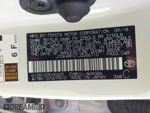 2018 Toyota Prius Two with VIN JTDKARFU1J3066710, listed as a IAAI auction lot 41636185 with 123,399 mi miles. Bid and sale history available at carsss.com. Image 9.