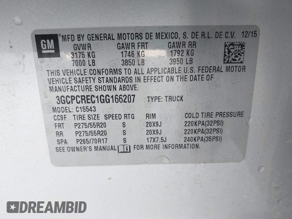 2016 Chevrolet Silverado 1500 LT with VIN 3GCPCREC1GG166207, listed as a IAAI auction lot 41577926 with 62,408 mi miles and . Bid and sale history available at DreamBid. Image 9.
