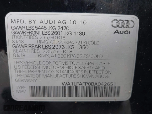 2011 Audi Q5 Premium Plus with VIN WA1LFAFP0BA042651, listed as a IAAI auction lot 42661832 with 159,223 mi miles and . Bid and sale history available at DreamBid. Image 9.