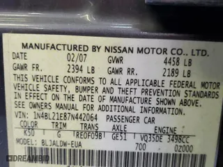 2007 Nissan Altima 3.5 SL with VIN 1N4BL21E87N442064, listed as a Copart auction lot 53791145 with 141,569 mi miles and Salvage Title. Bid and sale history available at carsss.com. Image 12.