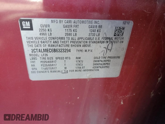 2011 GMC Terrain SLE-1 with VIN 2CTALMEC6B6323294, listed as a Copart auction lot 65548005 with 146,943 mi miles and Clean title. Bid and sale history available at DreamBid. Image 13.