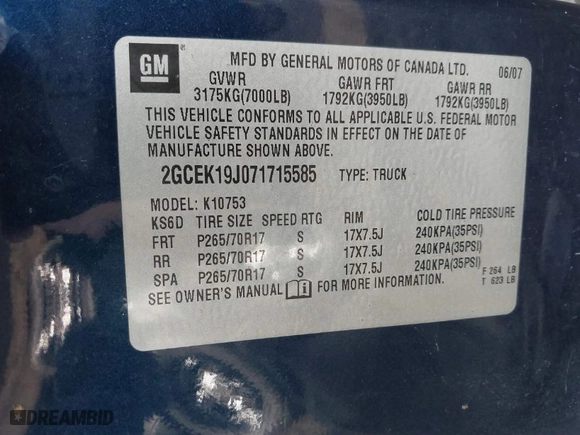2007 Chevrolet Silverado 1500 LT w/1LT with VIN 2GCEK19J071715585, listed as a IAAI auction lot 41492009 with 265,174 mi miles. Bid and sale history available at carsss.com. Image 9.