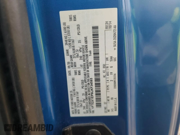 2020 Ford F-150 XL z VIN 1FTEX1EP6LKF34593, wystawiony jako Copart lot #59045025 z przebiegiem Nie podano mil oraz Szkoda całkowita • Salvage title. Historia ofert i sprzedaży dostępna na DreamBid. Obrazek 12.