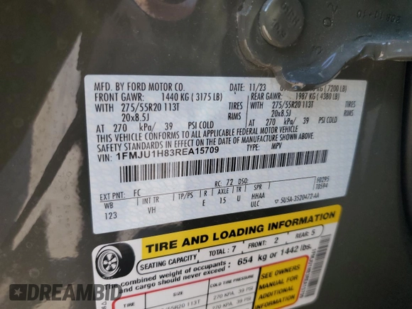 2024 Ford Expedition XLT with VIN 1FMJU1H83REA15709, listed as a Copart auction lot 59354535 with 5,135 mi miles and Salvage title. Bid and sale history available at DreamBid. Image 14.