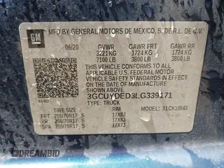 2020 Chevrolet Silverado 1500 LT with VIN 3GCUYDED3LG339171, listed as a IAAI auction lot 42057209 with 127,093 mi miles and . Bid and sale history available at DreamBid. Image 9.