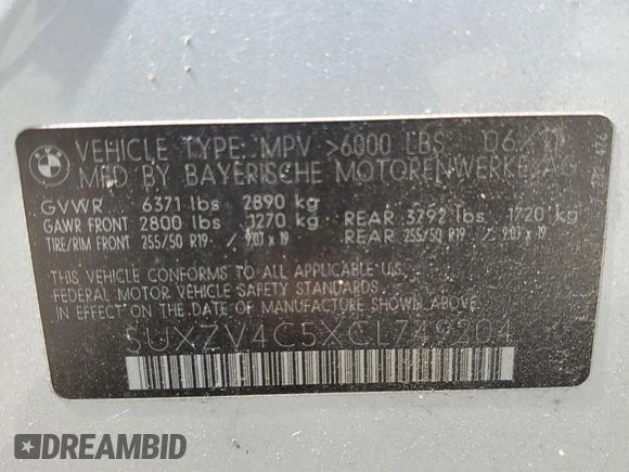 2012 BMW X5 35i with VIN 5UXZV4C5XCL749204, listed as a Copart auction lot 62012985 with 94,636 mi miles and Clean title. Bid and sale history available at DreamBid. Image 13.