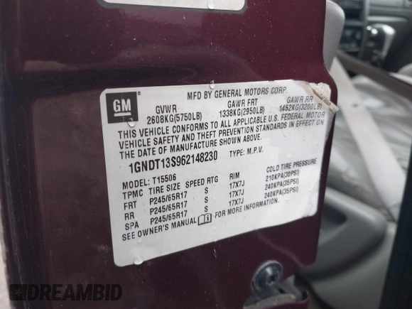 2006 Chevrolet TrailBlazer LS with VIN 1GNDT13S962148230, listed as a IAAI auction lot 41980428 with Not Provided miles and . Bid and sale history available at DreamBid. Image 9.