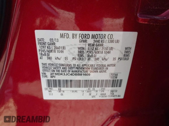 2013 Ford Edge SEL with VIN 2FMDK3JC4DBB81609, listed as a IAAI auction lot 41973326 with 118,667 mi miles. Bid and sale history available at carsss.com. Image 9.