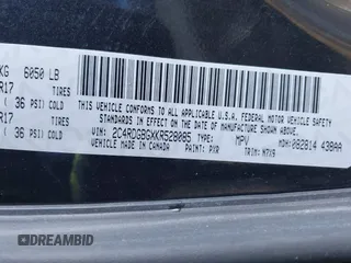 2019 Dodge Grand Caravan SE with VIN 2C4RDGBGXKR528085, listed as a IAAI auction lot 41946407 with 166,854 mi miles and . Bid and sale history available at DreamBid. Image 9.