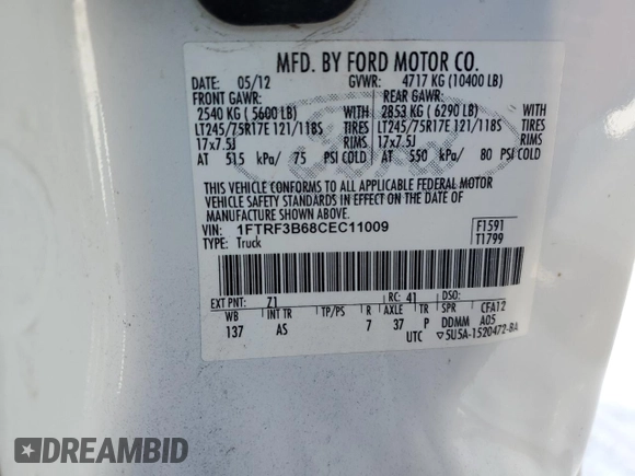 2012 Ford F-350 XL with VIN 1FTRF3B68CEC11009, listed as a Copart auction lot 45028485 with 77,350 mi miles and Clean Title. Bid and sale history available at DreamBid. Image 12.
