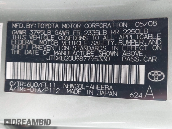 2008 Toyota Prius z VIN JTDKB20U987795330, wystawiony jako IAAI lot #42390791 z przebiegiem 176 251 mil mil oraz . Historia ofert i sprzedaży dostępna na DreamBid. Obrazek 9.