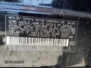 2006 Lexus IS 250 z VIN JTHBK262065021755, wystawiony jako Copart lot #57726395 z przebiegiem 167 388 mil mil oraz Czysty tytuł • Clean title. Historia ofert i sprzedaży dostępna na DreamBid. Obrazek 12.