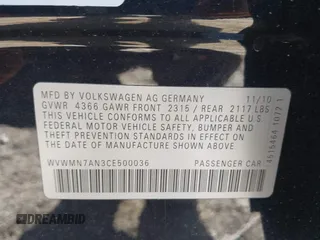 2012 Volkswagen CC Sport with VIN WVWMN7AN3CE500036, listed as a IAAI auction lot 42032040 with Not provided miles and . Bid and sale history available at DreamBid. Image 9.