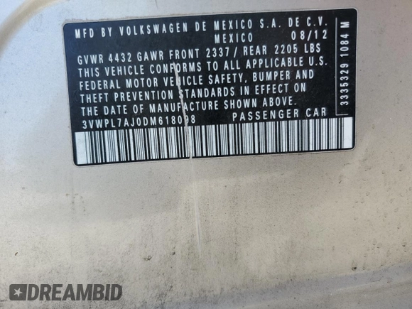 2013 Volkswagen Jetta TDI с VIN 3VWPL7AJ0DM618098, выставлен на аукционе Copart как лот 58951915 с пробегом Не указан миль и Списание • Salvage title. История ставок и продаж доступна на DreamBid. Изображение 12.