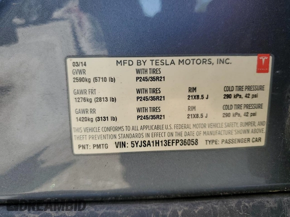 2014 Tesla Model S 60 z VIN 5YJSA1H13EFP36058, wystawiony jako Copart lot #57041725 z przebiegiem Nie podano mil oraz Szkoda całkowita • Salvage title. Historia ofert i sprzedaży dostępna na DreamBid. Obrazek 12.