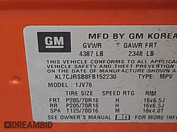 2015 Chevrolet Trax LT with VIN KL7CJRSB8FB152230, listed as a IAAI auction lot 41850974 with 144,490 mi miles and . Bid and sale history available at DreamBid. Image 9.