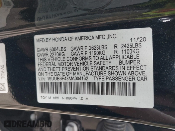2021 Acura TLX w/Technology Package with VIN 19UUB6F48MA004162, listed as a IAAI auction lot 41815089 with 48,692 mi miles. Bid and sale history available at carsss.com. Image 9.