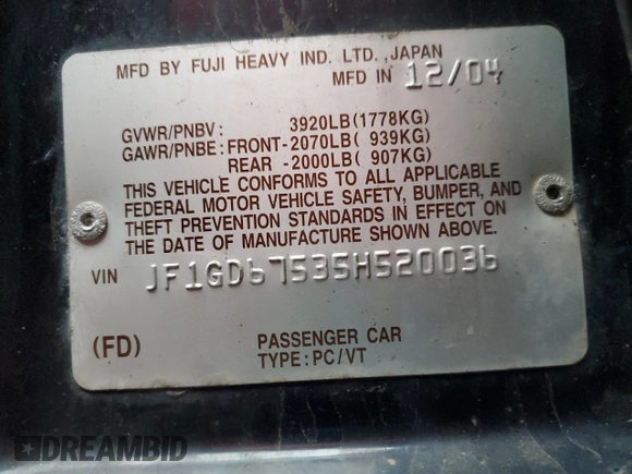 2005 Subaru Impreza Sedan (Natl) RS with VIN JF1GD67535H520036, listed as a Copart auction lot 49700825 with 0 mi miles and Salvage Title. Bid and sale history available at carsss.com. Image 12.
