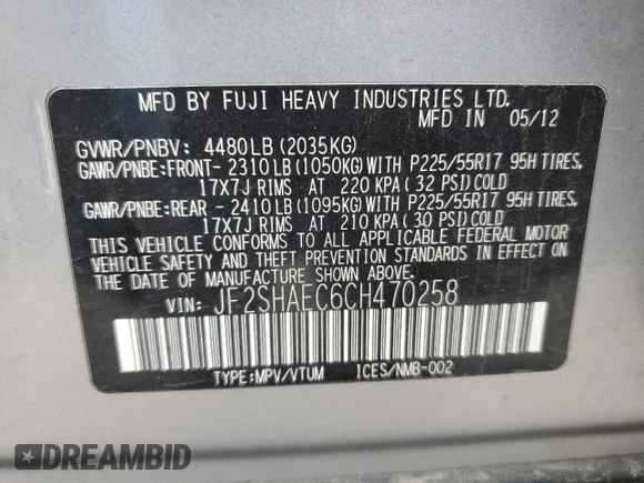 2012 Subaru Forester X Limited with VIN JF2SHAEC6CH470258, listed as a Copart auction lot 50580525 with 135,750 mi miles and Non repairable. Bid and sale history available at DreamBid. Image 13.