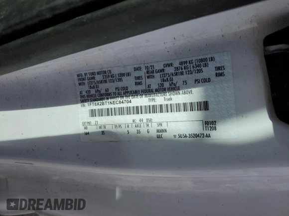 2022 Ford F-250 XL with VIN 1FT8X2BT1NEC84704, listed as a Copart auction lot 51142375 with 125,589 mi miles and Salvage Title. Bid and sale history available at DreamBid. Image 14.