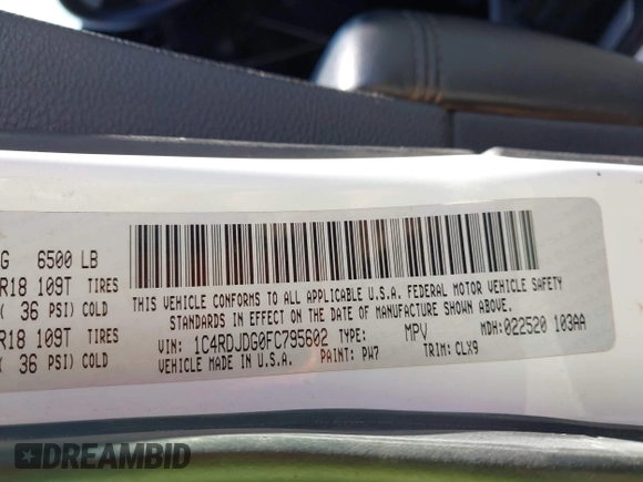2015 Dodge Durango Limited with VIN 1C4RDJDG0FC795602, listed as a IAAI auction lot 42454633 with Not provided miles and . Bid and sale history available at DreamBid. Image 9.