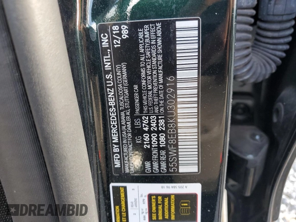 2019 Mercedes-Benz C 300 with VIN 55SWF8EB8KU302916, listed as a Copart auction lot 79090474 with 26,526 mi miles and Salvage title. Bid and sale history available at DreamBid. Image 12.