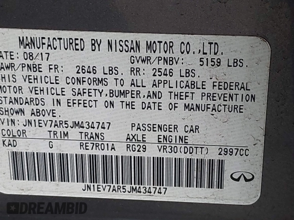 2018 Infiniti Q50 3.0t Luxe with VIN JN1EV7AR5JM434747, listed as a IAAI auction lot 41924244 with 114,634 mi miles. Bid and sale history available at carsss.com. Image 9.