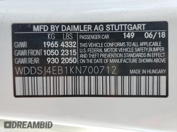 2019 Mercedes-Benz CLA 250 with VIN WDDSJ4EB1KN700712, listed as a Copart auction lot 49927195 with 86,833 mi miles and Salvage Title. Bid and sale history available at DreamBid. Image 12.