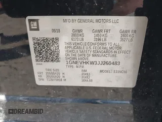 2018 Chevrolet Traverse LT Leather with VIN 1GNEVHKW3JJ260483, listed as a IAAI auction lot 41636632 with 103,348 mi miles. Bid and sale history available at carsss.com. Image 9.