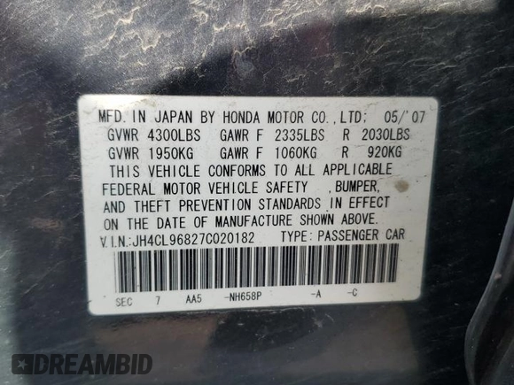 2007 Acura TSX with VIN JH4CL96827C020182, listed as a Copart auction lot 65925845 with 174,271 mi miles and Salvage title. Bid and sale history available at DreamBid. Image 12.