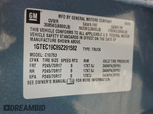 2009 GMC Sierra 1500 Work Truck z VIN 1GTEC19C89Z291582, wystawiony jako Copart lot #81254554 z przebiegiem 224 946 mil mil oraz Szkoda całkowita • Salvage title. Historia ofert i sprzedaży dostępna na DreamBid. Obrazek 13.