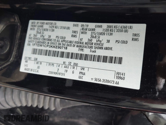 2019 Ford F-150 XL with VIN 1FTEW1CP3KKE90718, listed as a IAAI auction lot 41336066 with 138,577 mi miles and . Bid and sale history available at carsss.com. Image 9.