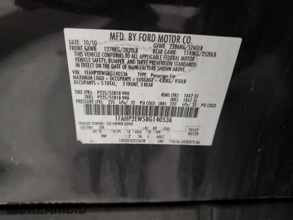2011 Ford Taurus SEL with VIN 1FAHP2EW5BG140536, listed as a Copart auction lot 88628235 with 165,037 mi miles and Salvage Title. Bid and sale history available at carsss.com. Image 12.