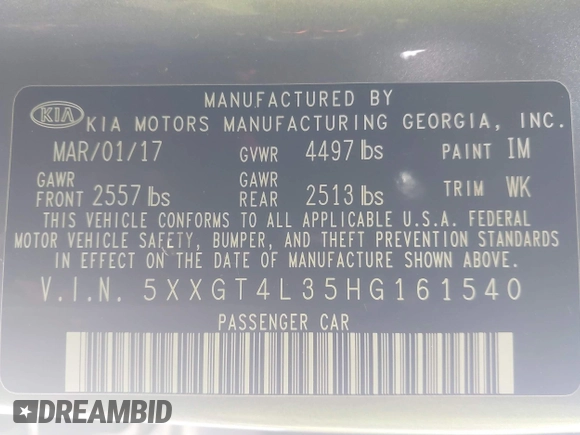 2017 Kia Optima LX with VIN 5XXGT4L35HG161540, listed as a IAAI auction lot 41580409 with 100,056 mi miles. Bid and sale history available at carsss.com. Image 9.