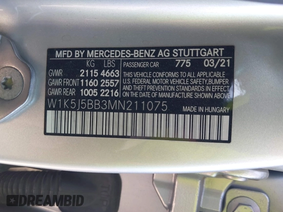 2021 Mercedes-Benz CLA 35 AMG with VIN W1K5J5BB3MN211075, listed as a IAAI auction lot 41789306 with 76,885 mi miles and . Bid and sale history available at DreamBid. Image 9.