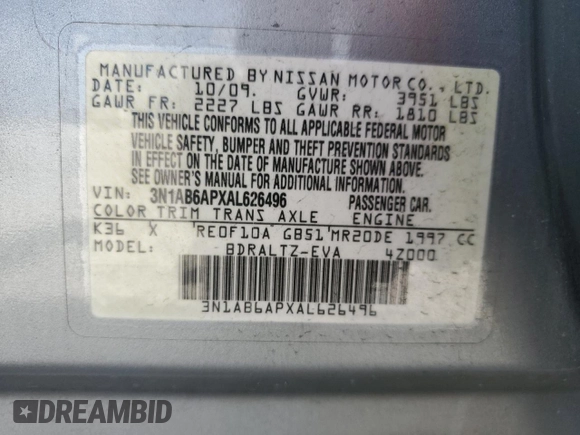 2010 Nissan Sentra S with VIN 3N1AB6APXAL626496, listed as a Copart auction lot 62386815 with 145,228 mi miles and Salvage title. Bid and sale history available at DreamBid. Image 12.