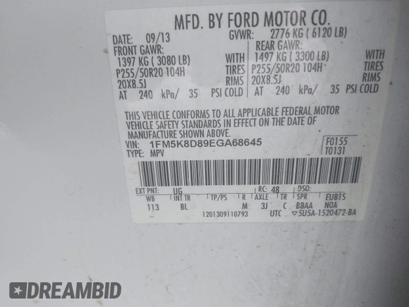 2014 Ford Explorer XLT with VIN 1FM5K8D89EGA68645, listed as a IAAI auction lot 41558230 with 144,082 mi miles and . Bid and sale history available at DreamBid. Image 9.