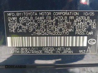 2006 Lexus IS 250 with VIN JTHBK262962002770, listed as a IAAI auction lot 42264229 with 294,844 mi miles and . Bid and sale history available at DreamBid. Image 9.