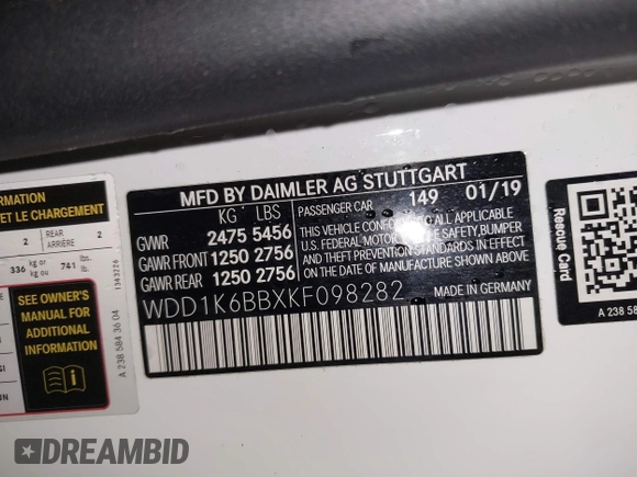 2019 Mercedes-Benz E 53 AMG with VIN WDD1K6BBXKF098282, listed as a IAAI auction lot 41482524 with 29,505 mi miles and . Bid and sale history available at DreamBid. Image 9.