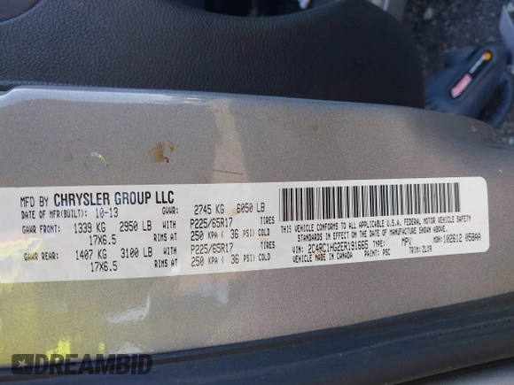 2014 Chrysler Town & Country S with VIN 2C4RC1HG2ER191665, listed as a IAAI auction lot 41874528 with 161,014 mi miles. Bid and sale history available at carsss.com. Image 9.