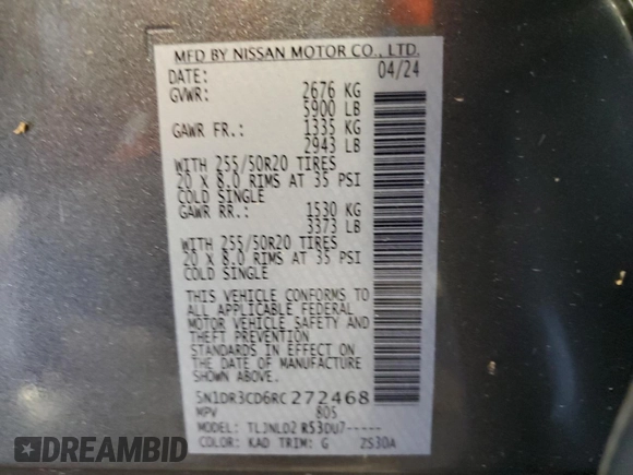 2024 Nissan Pathfinder SL z VIN 5N1DR3CD6RC272468, wystawiony jako Copart lot #58295815 z przebiegiem 5 147 mil mil oraz Szkoda całkowita • Salvage title. Historia ofert i sprzedaży dostępna na DreamBid. Obrazek 13.